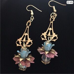 Vintage Czech Blue and Gold Floral Earrings